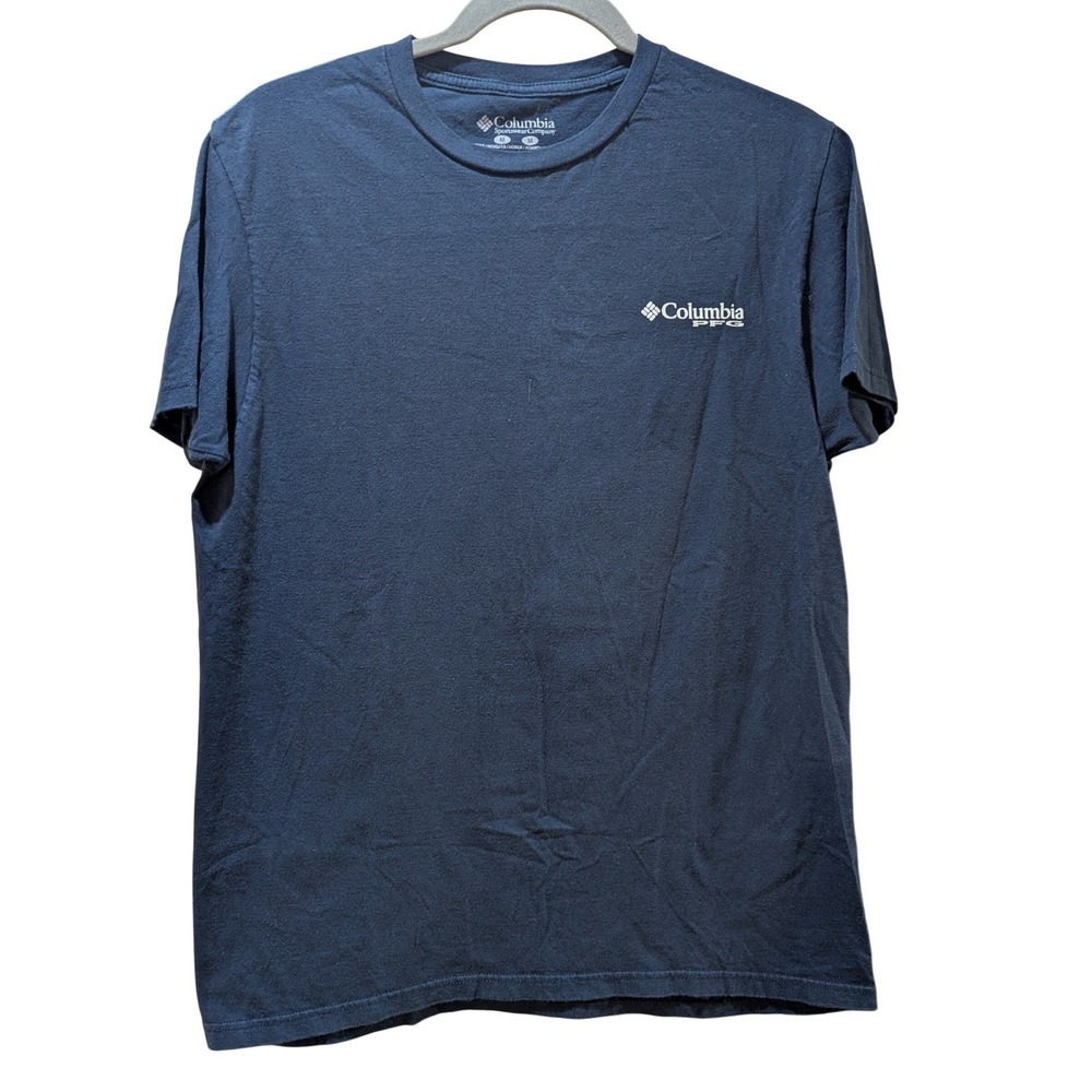 Columbia PFG Mens Size Medium Navy Blue Fishing Flag Graphic T Shirt 100% Cotton